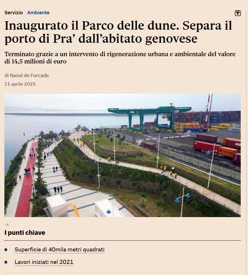 Inaugurato il Parco delle Dune. Separa il porto di Pra’ dall’abitato genovese – Il Sole 24 Ore